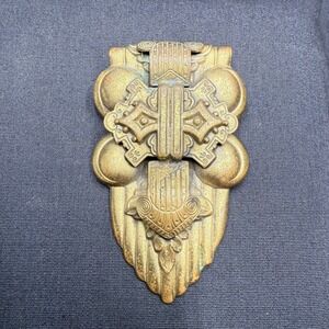 Antique 1930s Art Deco Brass Dress Clip Gothic Architectural Shield Fur Clasp